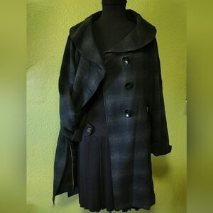 EPIC Lori Glazer Vtg 90s Wool Gry/Blk Plaid Belted Coat Sz M